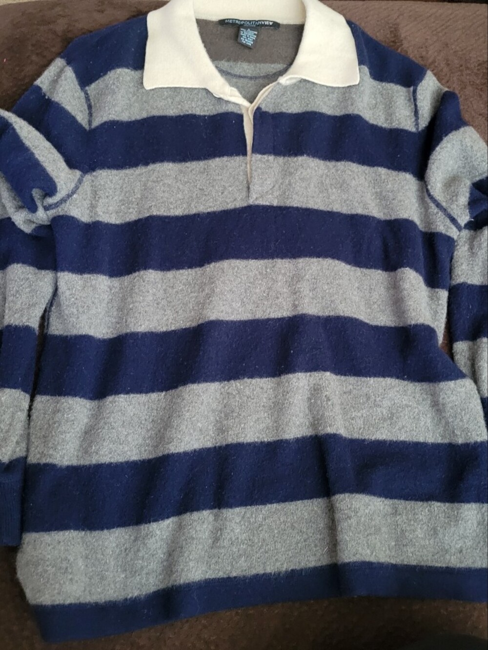 Men's V-Neck Rugby-Style Sweater in Blue and Gray with White Collar